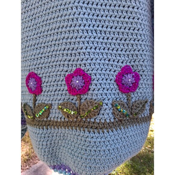 Crochet Flower Beaded Sequin Sweater with matching Scarf L/X:L - Picture 8 of 9